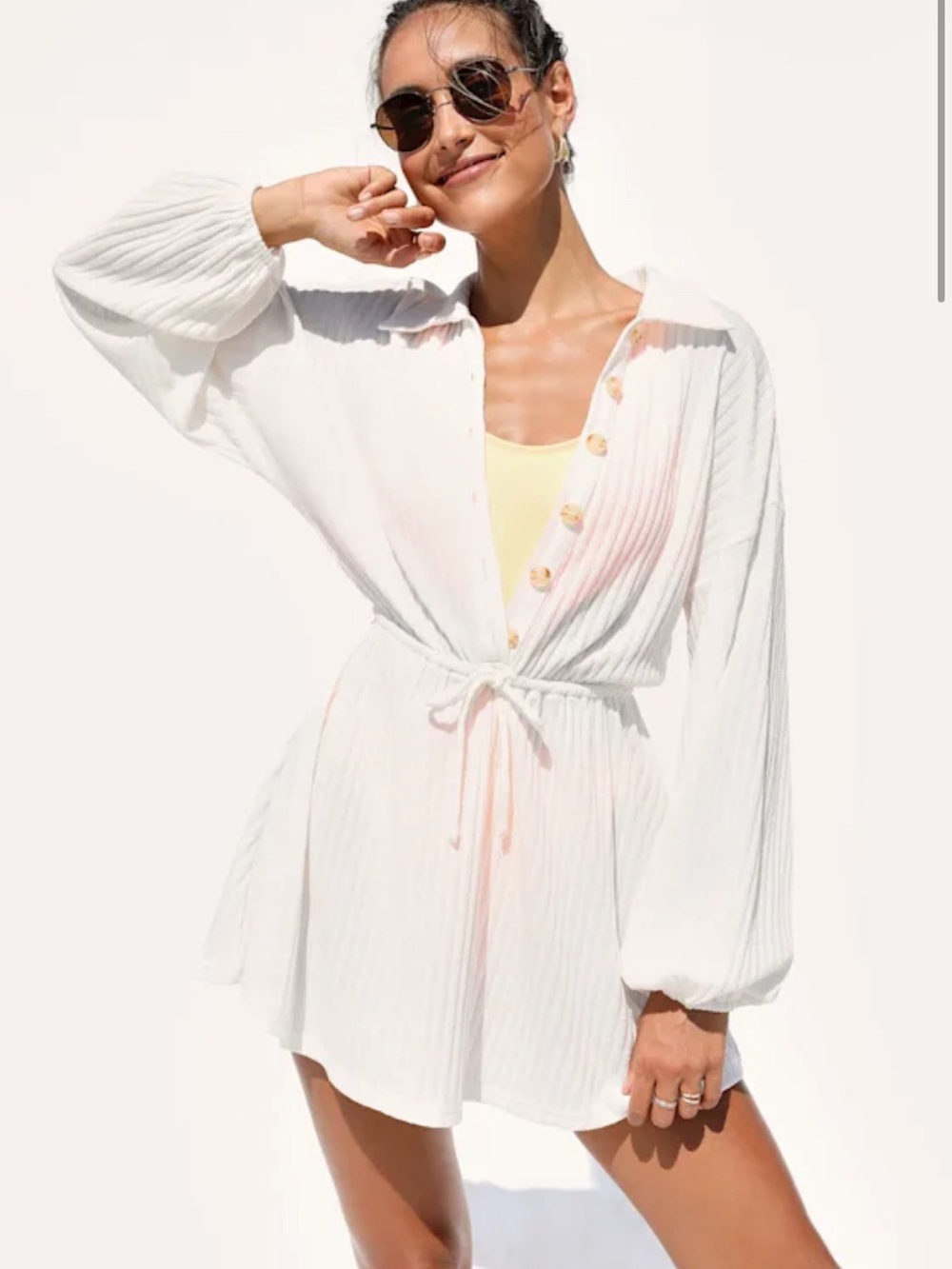 Women’s White Beach Cover-Up Tunic with Drawstring